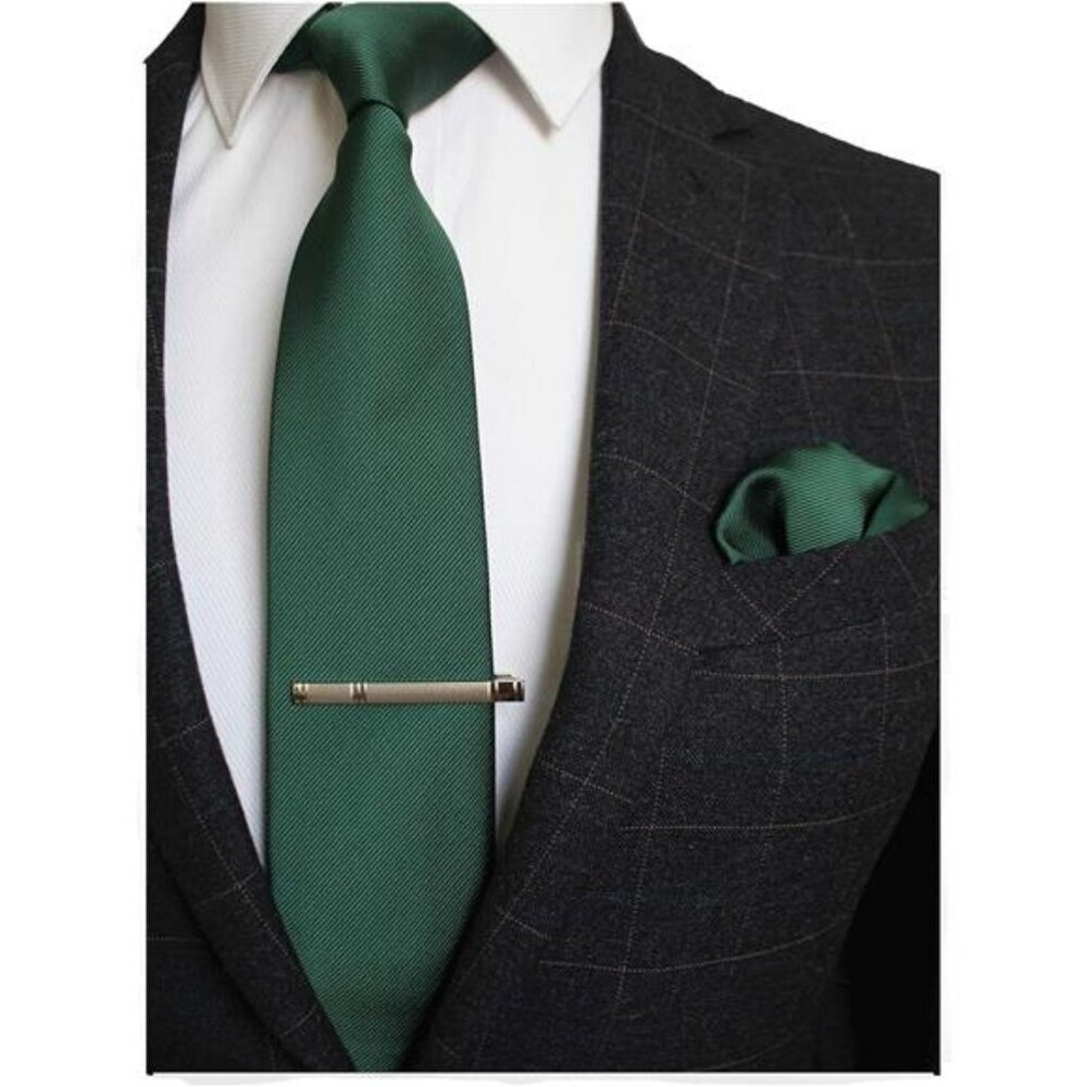 Mens Formal Tie Set with Pocket Square and Tie Clip Solid Color Necktie